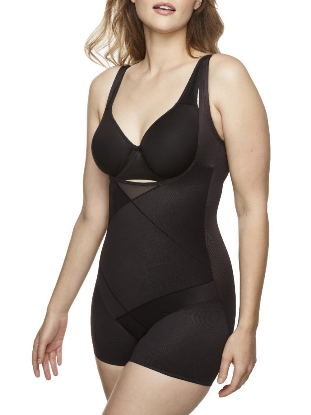Cupid Intimates Tummy Tuck Open-Bust Boyshort Shaping Bodysuit - Black